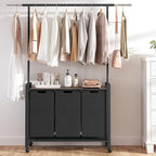 Laundry Sorter 3 Section With Extendable Hanging Bar, Heavy Duty Laundry Basket With Rolling Lockable Wheels And Shelf, Laundry Room Organization And Storage