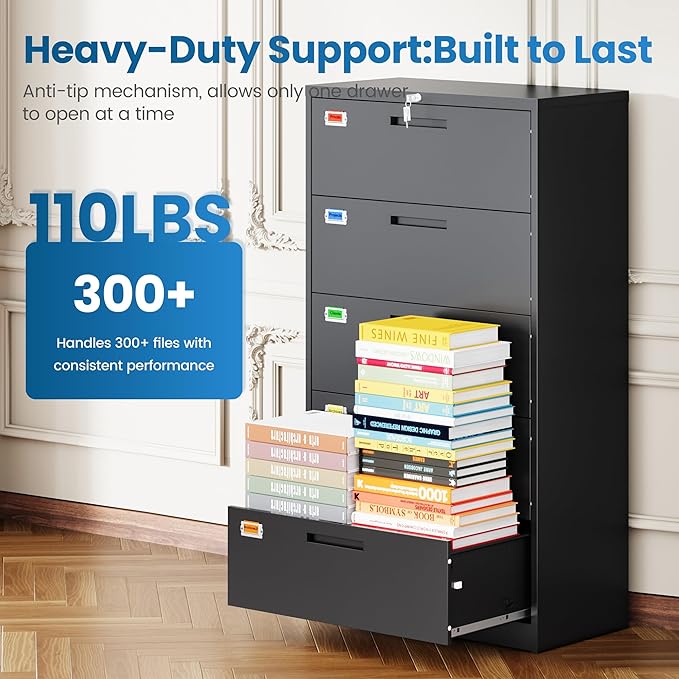 5 Drawer File Cabinet, Lateral Filing Cabinets for Home Office, Office Storage Drawers with Lock, Hanging Files Legal/Letter A4 Size (Assemble Required,Black)