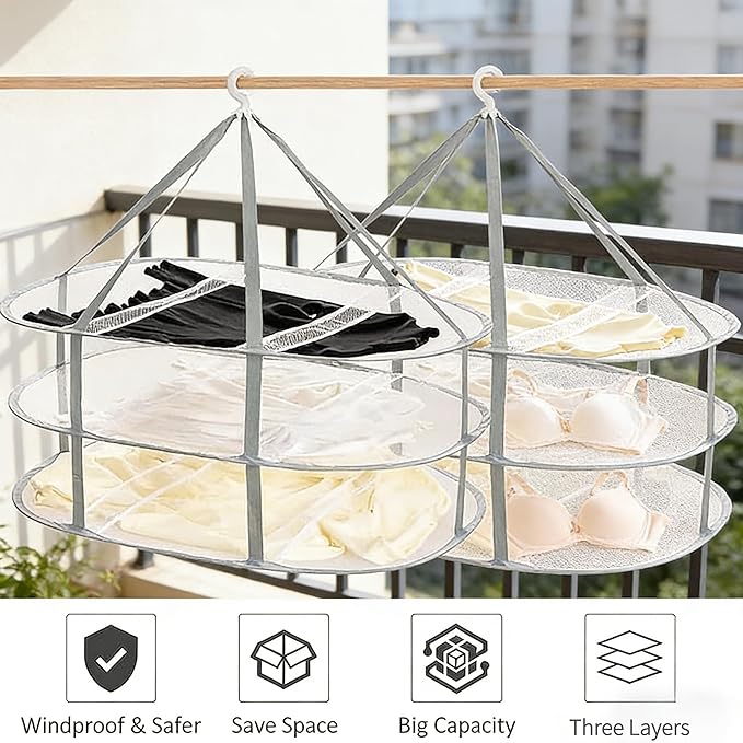 2PCS Hanging Drying Rack Foldable Sweater Clothes Dryer Flat Mesh Large Portable Fixed Windproof for Home, Dormitory and Bathroom 3 Tier