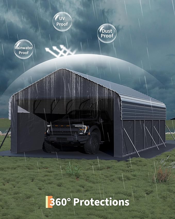 Garvee 12'X24'X9' Metal Carport, Enclosed Car Ports with Heavy Duty Steel Frame and 220 g Tarp, All-Weather Carport for Full-Size Pickup Trucks, Bass Boats, and Tractors