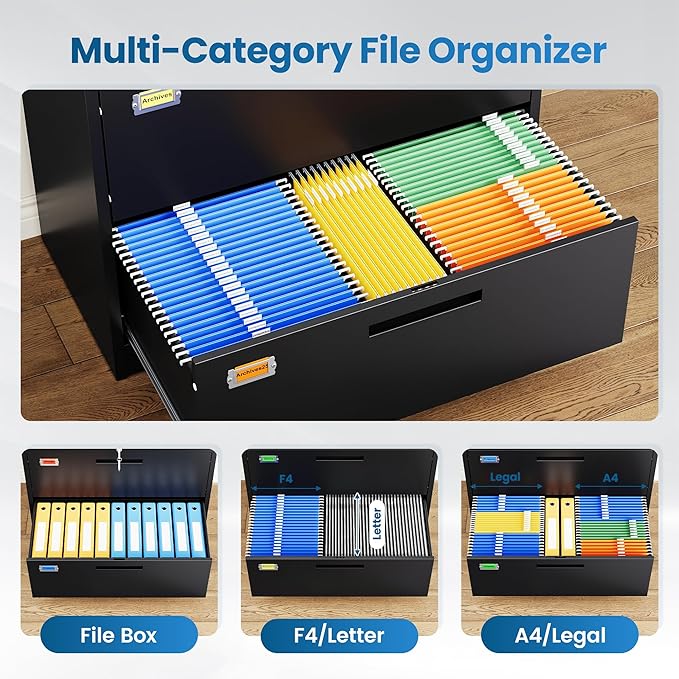 4 Drawer File Cabinet, Lateral Filing Cabinets for Home Office, Office Storage Drawers with Lock, Hanging Files Legal/Letter A4 Size (Assemble Required,Black)