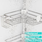HapiRm Corner Shower Caddy Organizer - Shower Organizer Corner with Soap Holder, Toothbrush Holder and 4 Hooks, Rustproof Bathroom Shelf Tension Pole Available for 27.6 to 108.3 Inch - Silver