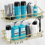 Nieifi Shower Caddy Shelf Storage Rack Adhesive Without Drilling Stainless Steel with Hooks for Washroom, Lavatory, Restroom, Toilet, Bathroom, Kitchen - 2 Pack, Golden