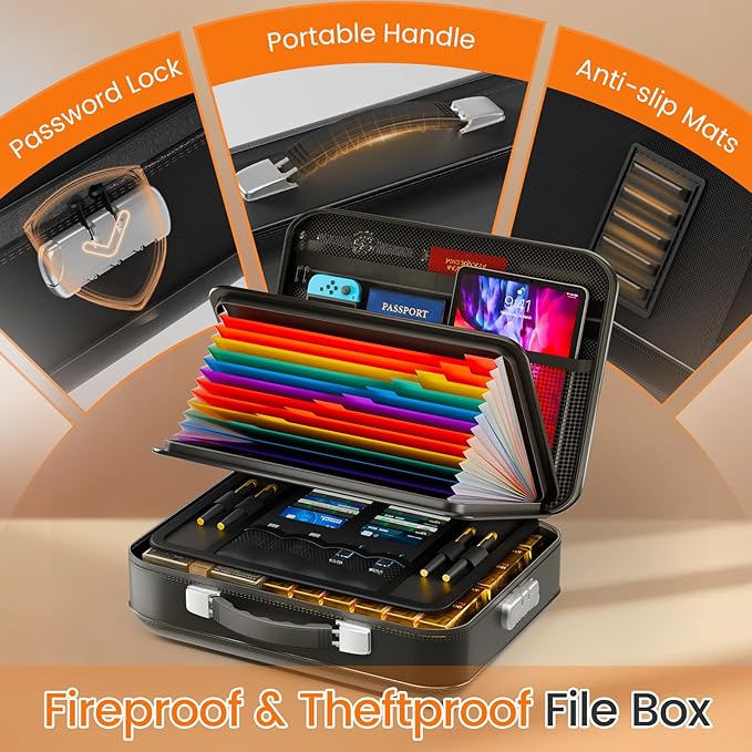 Fireproof Document Box with Lock, 5200°F Fireproof Water Resistant Hard Case File Organizer Safe Box for Important Documents, Certificates, Laptop, Passports (Black)