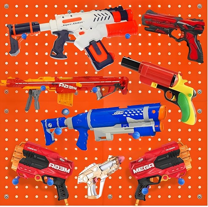 Skywin Wooden Peg Board for Nerf Gun Storage Organizer 13 x 13 x 0.31 Inches - Compatible with All Blasters Nerf Gun Rack Organizer for Wall Organization (Orange)