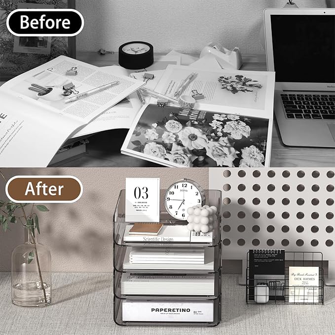 4-Tier Acrylic Paper Tray Organizer | Clear Stackable Desk Organizer for Documents, Letters, A4 Paper | Modern Office/Classroom/Home Organization,Brown