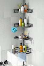 HAMITOR Corner Shower Caddy Tension Pole: Quick Installation 4-Tier Rustproof Bathroom Organizer Shelves for Bathtub Shampoo Storage - 47-121 inch Adjustable Floor Standing Bath Rack Holder Gray