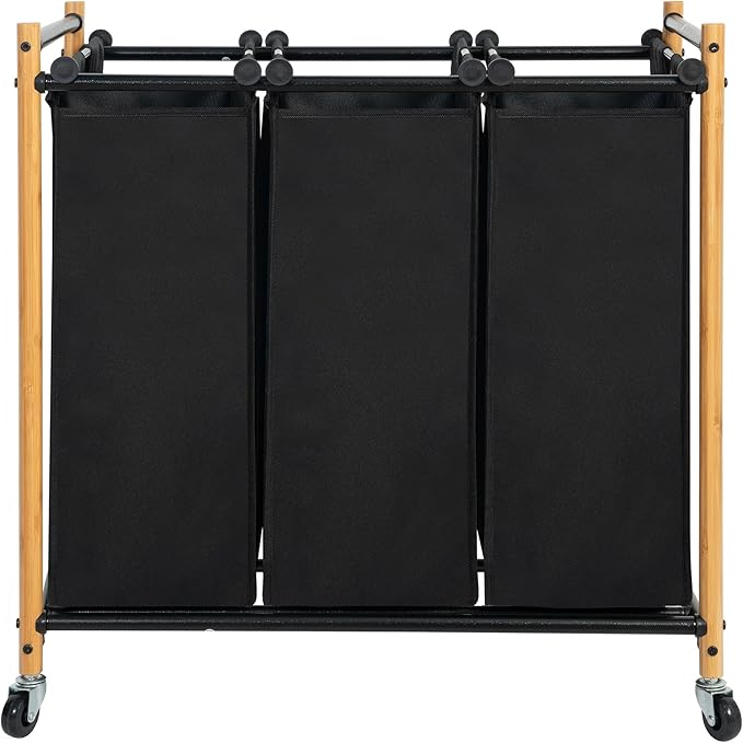 Laundry Sorter Hamper with Wheels, Heavy-Duty Laundry Basket Sorter Rolling Cart with Lockable Wheels and Removable Bags, Laundry Cart 3 Sections, Bamboo