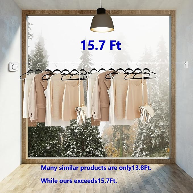 15.7Ft Retractable Clothesline Indoor is Also an Anti-sag Retractable Clothesline Outdoor,Stainless Steel Wire Laundry line Retractable for Drying Clothes ，with 12 Clip (White)