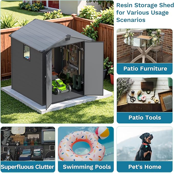 Devoko 6x6 FT Plastic Storage Shed with Floor, Waterproof Resin Garden Outdoor Shed with Lockable Door and Window, Outside Tool Storage Shed for Patio Garden Backyard, Dark Gray