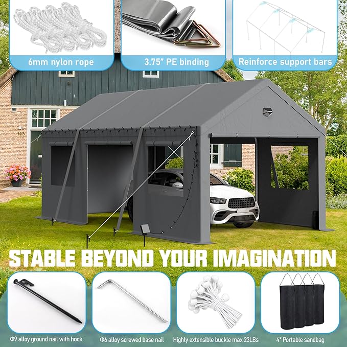 Carports Canopy Heavy Duty, Portable Garage with Sidewalls and Side Doors (12x20, Grey)