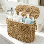 Toilet Paper Storage Basket - Water Hyacinth Slim Toilet Paper Holder with Lid, Holds Up to 9 Rolls, Decorative Organizer for Home Bathroom