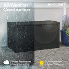 Suncast 134-Gal. Resin Extra-Large Outdoor Patio Deck Box with Pad-Lockable Lid, Modern Outdoor Patio Bench/Storage Box for Cushions, Garden Tools, and More, Iron Ore