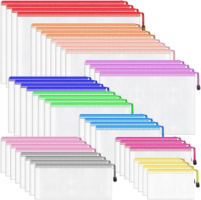 Smarpau 44pcs Mesh Zipper Pouch, 8 Sizes 11 Colors Plastic Bags for Organizing, Multipurpose Waterproof Storage Zip Pouches for Board Game Storage, Travel, Office Supplies