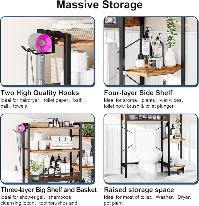 K1 Heavy Duty 7-Tier Over The Toilet Storage（With Basket and Paper Hook）Freestanding Above Toilet Shelf with Adjustable Feet，Space Saver Bathroom Shelves 9.3"D x 33.5"W x 63.8"H，Rustic Brown