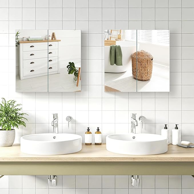 Yaheetech Bathroom Mirror Cabinet, Medicine Cabinet with 2 Frameless Mirrored Doors, Wall-Mounted Storage Cupboard with Adjustable Shelf for Living Room, Laundry Room, Mudroom