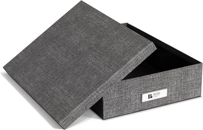 Bigso Oskar Canvas Fiberboard Document Letter Box for Important Paperwork A4 or Letter Size - Durable Keepsake Box with Lid and Metal Label Holder - 3.3in x 10.2in x 13.8in - Melange Grey