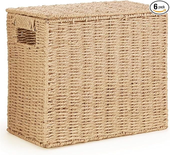 14 Inch Toilet Paper Storage Basket with Lid, 6-Roll Bathroom Organizer, Woven Paper Rope Basket for Narrow Spaces, Multi-Purpose Holder for Towels, Utensils, Picnic & Home Decor