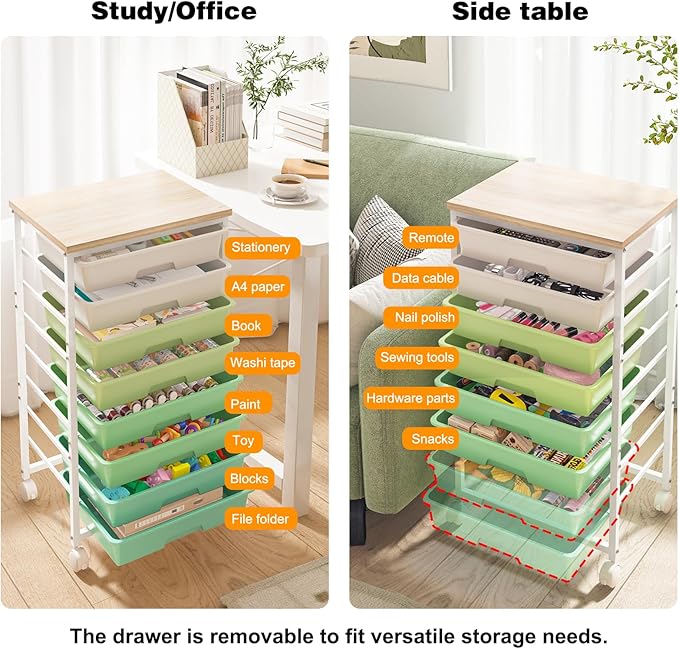 LABUK Rolling Storage Cart with Drawers Utility Cart Plastic Organizers for Classroom Dorm Office Bathroom, Makeup Palettes, Cosmetics, Nail Polish Organizer(Green)