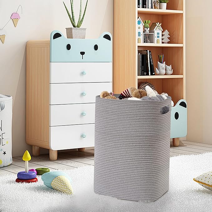 Large Laundry Hamper 16"x13"x22" - Tall Woven Laundry Basket, Cotton Rope Dirty Clothes Hamper, Baby Kids Nursery Wicker Laundry Basket, Bedroom Aesthetic, Soft Laundry Bin, Gray Hamper, 75L