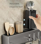 SEIDO Carbon Steel Utensil Rack – Space-Saving 20" L Kitchen Organizer with hooks & hanging bar, Gunmetal Gray Knife Holder, 2 Installation Options (Adhesive/Screwed)