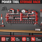66" W Super Large Power Tool Organizer Wall Mount,Heavy Duty Cordless Tool Organizer with 18 Drill Holder,600 Lbs Capacity 4-Layer Garage Organization for Garage and Workshop (Red)