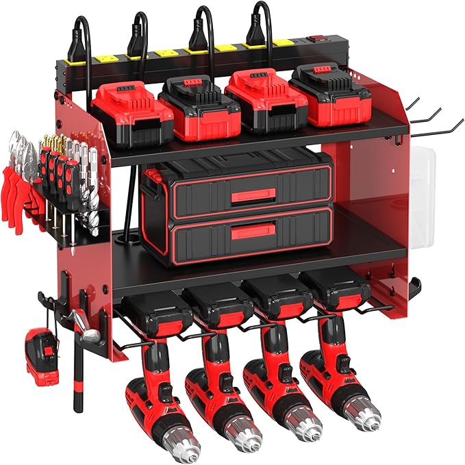 Power Tool Organizer Wall Mount wtih Charging Station,4 Drill Holder Wall Mount with 8 Outlet Power Strip,3 Layers Heavy Duty Tool Rack with Hooks,Screwdriver Organizer in Workbench,Garage