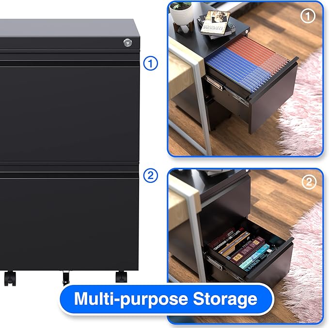 METAN Fully Assembled 2 Drawer File Cabinet with Lock, Mobile Under Desk Filing Cabinet for Office Legal/Letter Size, Pre Assembled Except Wheels,Black