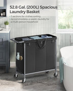 SONGMICS Laundry Basket with Wheels, 3-Section Rolling Laundry Hamper, 52.8 Gallons (200 L), Removable Liner, Steel Frame with Handle, 35.8 x 15.4 x 31.9 Inches, Ink Black URLS005B01