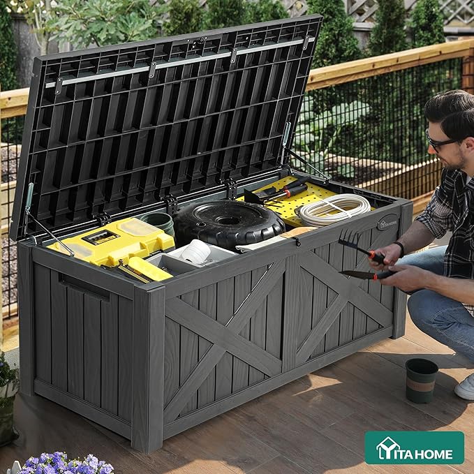 YITAHOME 150 Gallon Large Outdoor Storage Box with X-Shaped Front, Waterproof Resin Deck Box Cushion Storage Bench for Patio, Pool Supplies, Garden Tools - Lockable, Dark Gray
