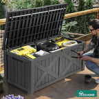 YITAHOME 150 Gallon Large Outdoor Storage Box with X-Shaped Front, Waterproof Resin Deck Box Cushion Storage Bench for Patio, Pool Supplies, Garden Tools - Lockable, Dark Gray