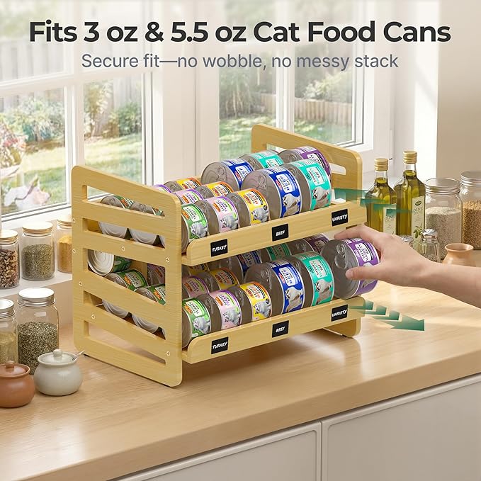 Cat Food Can Organizer for 3 oz & 5.5 oz Wet Cat Food Cans, Wooden FIFO Can Dispenser for Pantry or Feeding Station, Includes Dry-Erase Labels, Marker & Anti-Slip Pads