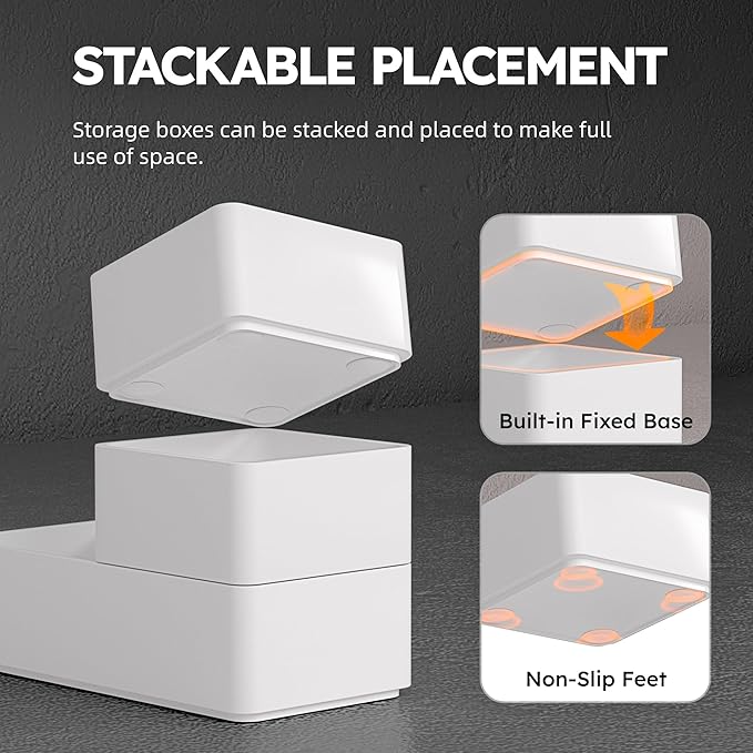 8 Pack Stackable Drawer Organizer Trays, Plastic Shallow Storage Bins for Bathroom Vanity, Desk Drawer, Kitchen, Makeup Organization, White (4M+4S)