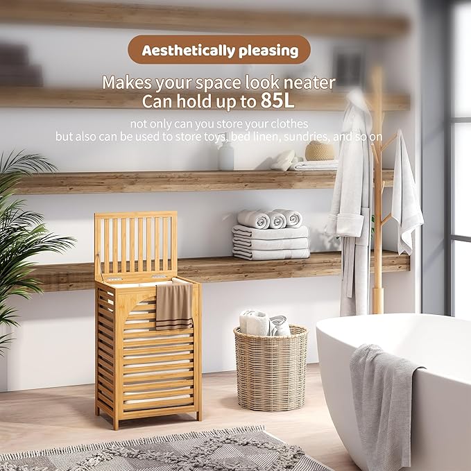 FILWH Laundry Hamper with Lid (16.9 * 13 * 26.5inches) Large Bamboo Laundry Bin Basket 85L Clothes Hamper with 1 Removable Bag Storage baskets for Bathroom(Natural)