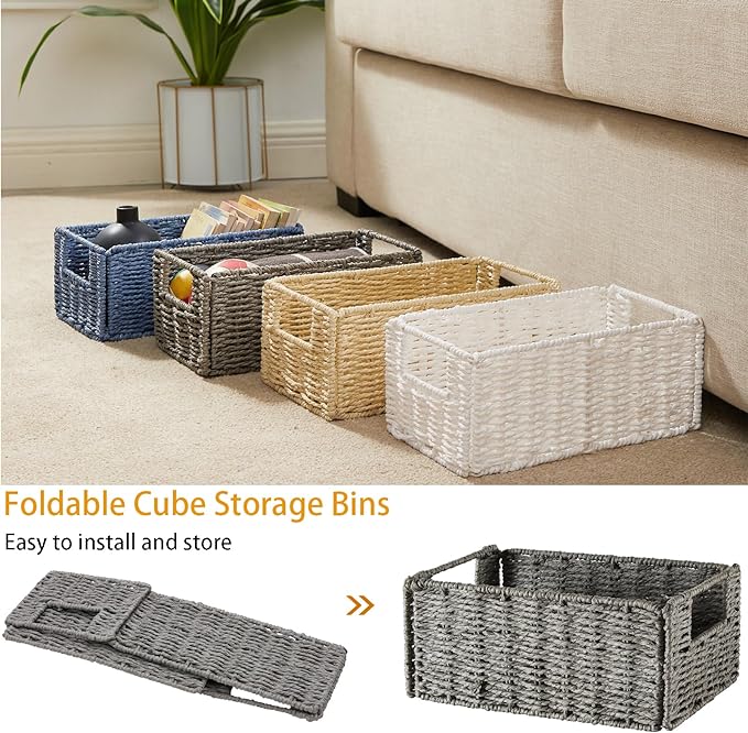 Vagusicc Wicker Storage Basket, Set of 2 Hand-Woven Paper Rope Wicker Basket, Small Storage Baskets for Organizing Toilet Paper Basket, Foldable Large Cube Storage Organizer Bins for Shelves (White)