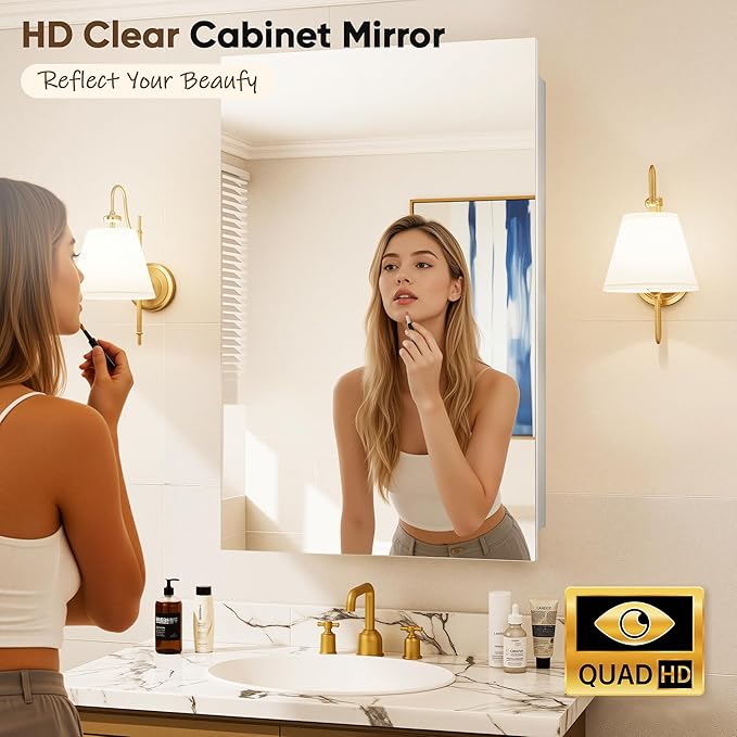 Antok 16x25 Inch Medicine Cabinet with Mirror, Wall Mounted Bathroom Mirror Cabinet, Wooden Medicine Cabinet Mirror, Recessed or Surface, White
