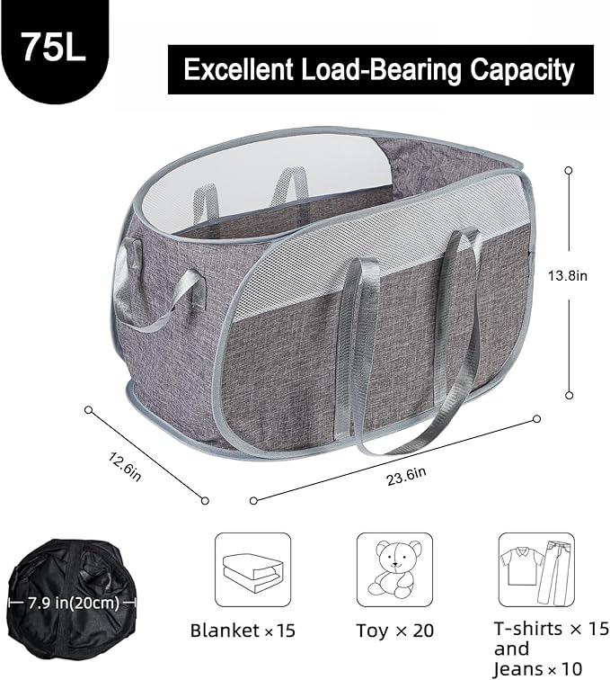 Collapsible Laundry Baskets, Pop Up Laundry Baskets with Reinforced Handles, Lightweight Foldable Laundry Basket for LaundryRoom,Bathroom or Travel (Gray)