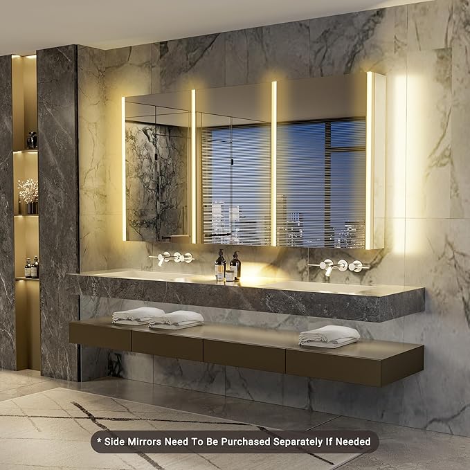 60x32 Lighted Medicine Cabinet Mirror with Magnifying & Night Lamp, 155° Soft-Close Hinge, Surface or Recessed Medicine Cabinet with Lights & Outlet, GFCI,Time Display& Inner Light,Hardwired