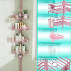 HapiRm Corner Shower Caddy Organizer - Shower Organizer Corner with Soap Holder, Toothbrush Holder and 4 Hooks, Rustproof Bathroom Shelf Tension Pole Available for 27.6 to 108.3 Inch - Pink
