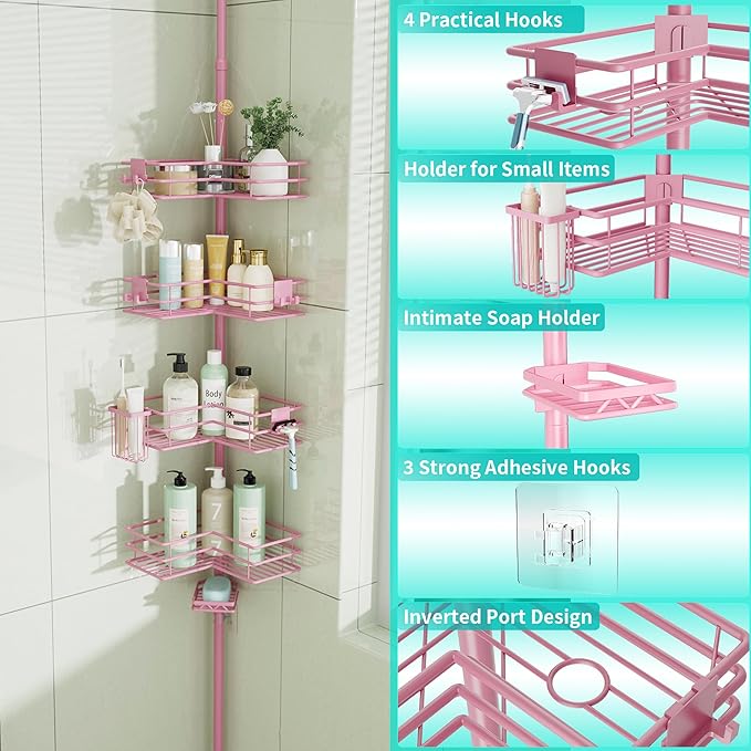 HapiRm Corner Shower Caddy Organizer - Shower Organizer Corner with Soap Holder, Toothbrush Holder and 4 Hooks, Rustproof Bathroom Shelf Tension Pole Available for 27.6 to 108.3 Inch - Pink