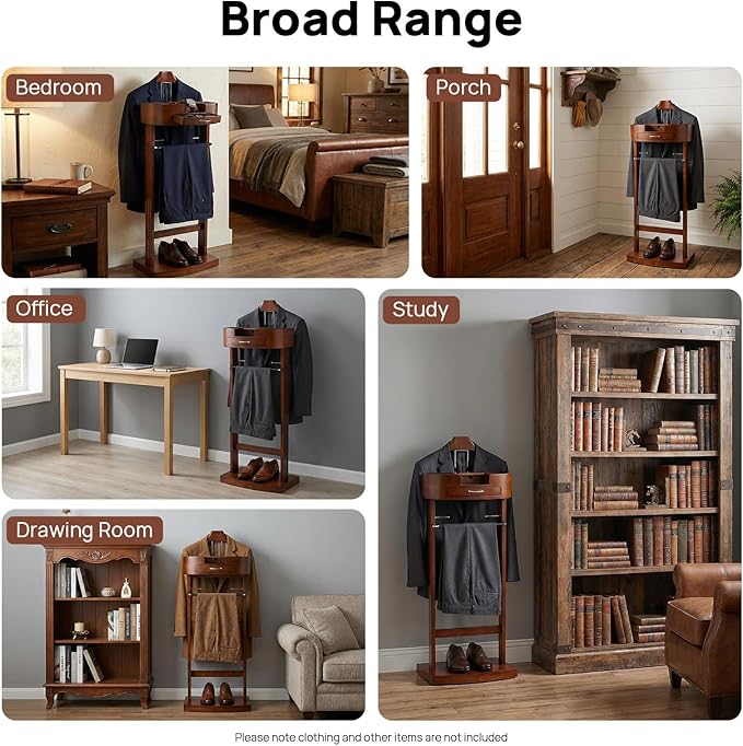 Gdrasuya10 Suit Valet Stands for Men and Women, Wood Clothes Rack with Drawer & Trouser Holder, Freestanding Coat Organizer Stand for Entryway, Living Room, 22lbs Capacity (Brown)