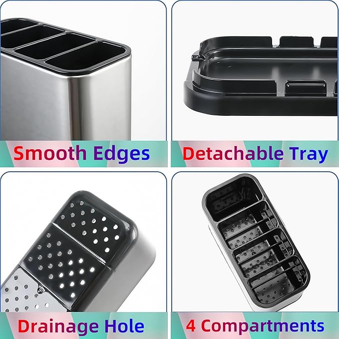 Utensil Holder,Stainless Steel Caddy Counter,Spoon holder,4 Compartments Silverware Caddy,Capacity Flatware Spoon Fork Tool Cutlery Holder