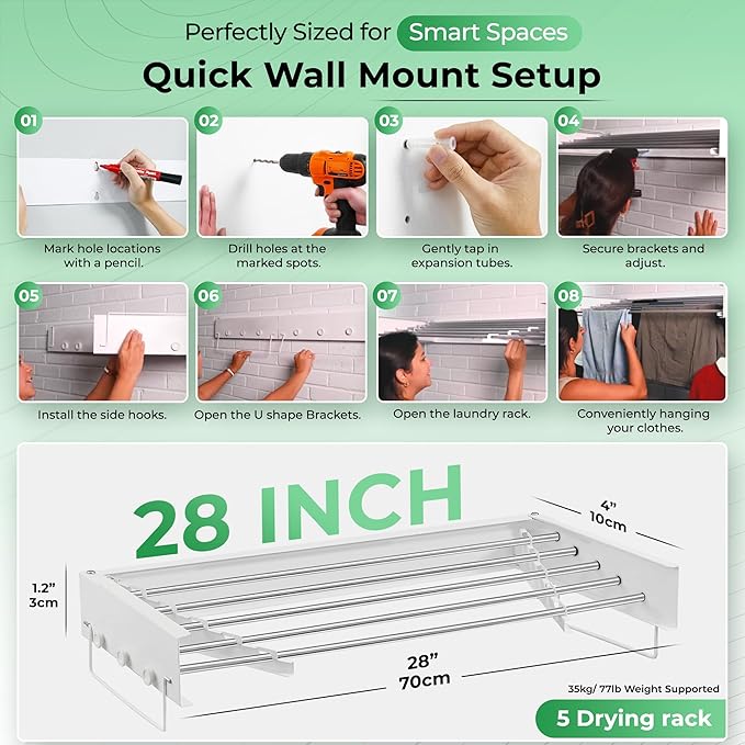 Laundry drying rack wall mount(28-INCH White), a wall mount clothes drying rack solution with reinforced metal frame, easy installation in tight spaces and foldable; drying rack clothing wall mounted.