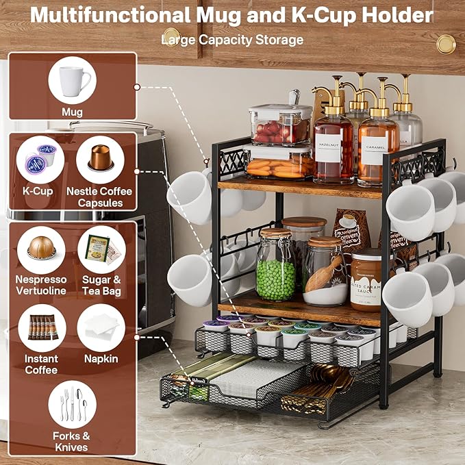 Coffee Bar Station Organizer, 4 Tier K Cup Organizer Mug Holder with 12 Hooks, Coffee Pod Holder, Multifunctional Countertop Organizer for Kitchen