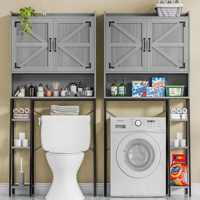 Vabches Over The Toilet Storage Cabinet, Farmhouse Storage Cabinet Over Toilet with Barn Doors & Toilet Paper Holder Stand，Home Space-Saving Toilet Rack, for Restroom/Laundry and Bathroom