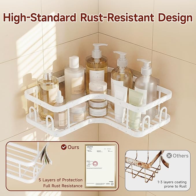 Veken Corner Adhesive Shower Caddy 3-Pack with Soap Holder&Hooks,No Drilling Shower Shelves,Rustproof & Waterproof Bathroom Organizers and Storage,Rack for Small Spaces, Kitchen&Rental-Friendly,White