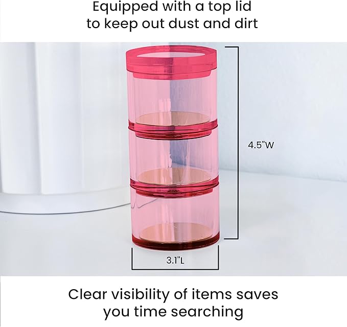 OfficeGoods 3-Tier Stackable Acrylic Holder- Stylish Desk Organizer and Storage for Office or Home – Transparent Round Design, Pink with Silver Metal Base