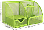 VANRA Office Supply Caddy Mesh Desk Organizer School Supply Holder 6 Compartments with Drawer (Green)