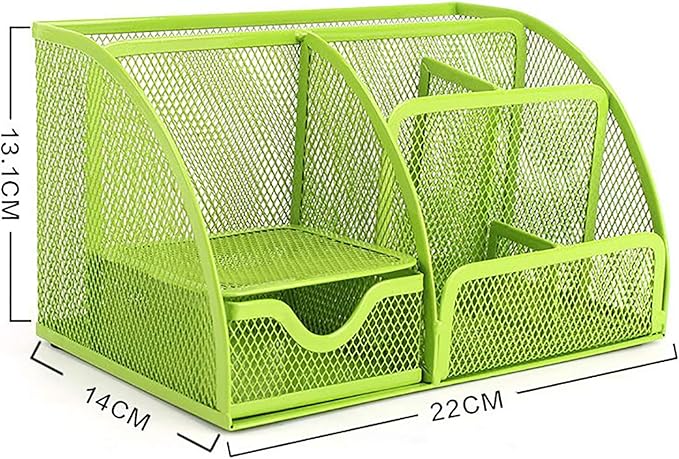VANRA Office Supply Caddy Mesh Desk Organizer School Supply Holder 6 Compartments with Drawer (Green)