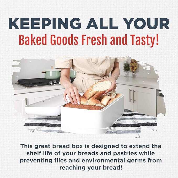 Culinary Couture Extra Large White Bread Box for Kitchen Countertop - Holds 2 Loaves - 16.5" x 9" x 6.5" - Stainless Steel Vintage Bread Boxes for Kitchen Counters